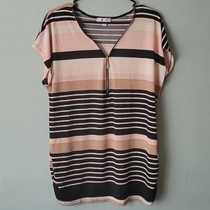 Tutta Bella 2X Pink, Black, Tan, Cream Striped shirt